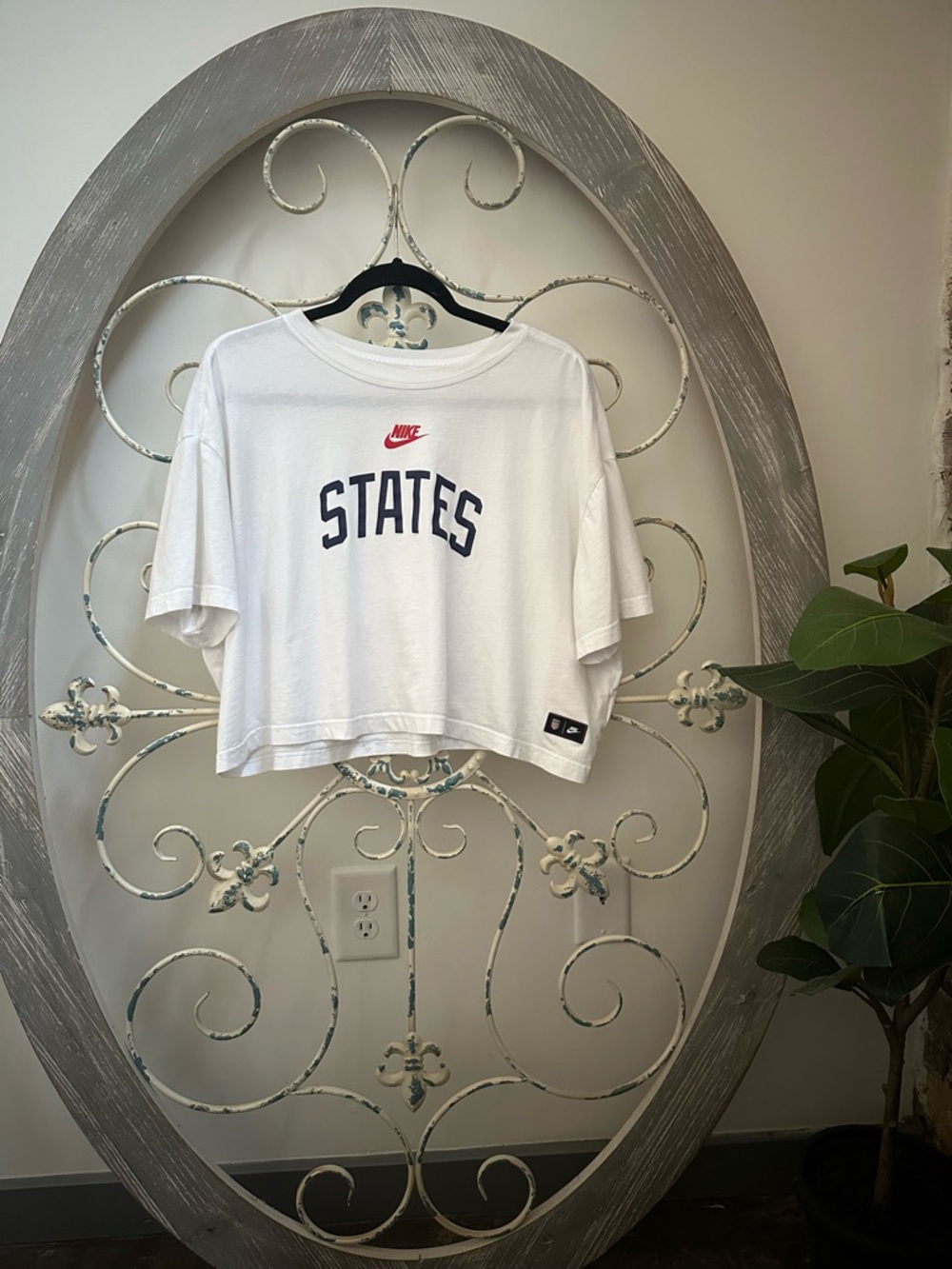 Nike White Cropped STATES Tee with Red Swoosh